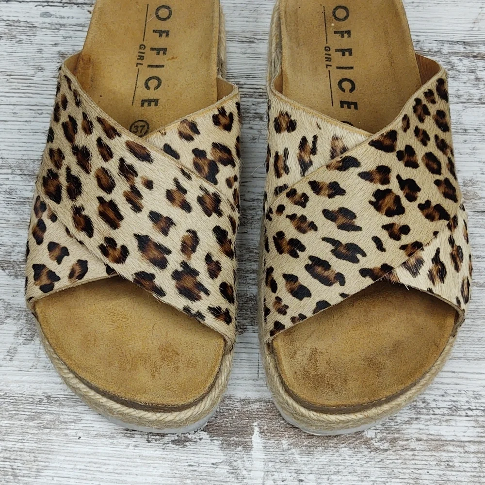 Like New Office Girl Leopard Calf Hair Flatform Espadrille Slide Sandal - Picture 5 of 16
